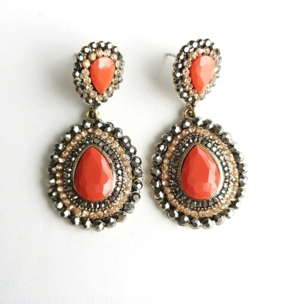 New, coral and golden crystal statement earrings